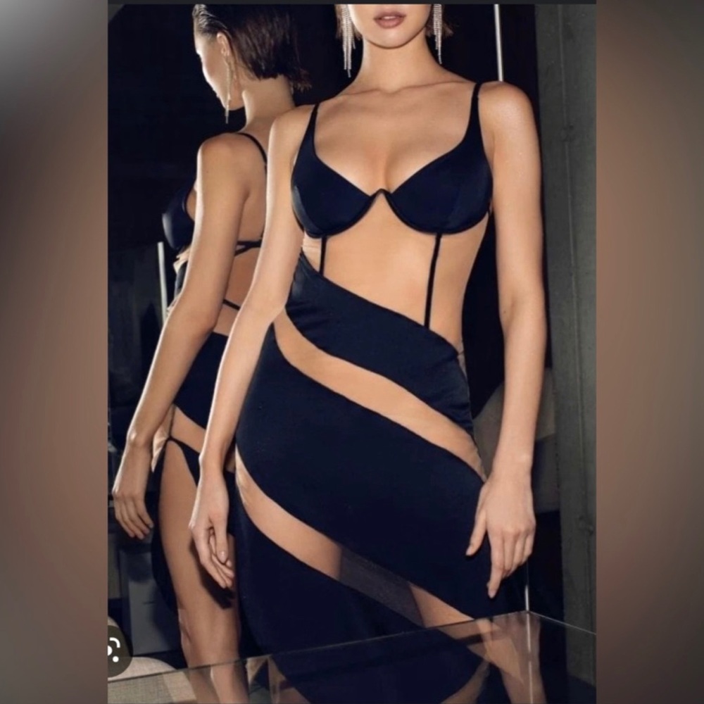 Black & Nude Mesh Mini MIDI Dress S/M NWT